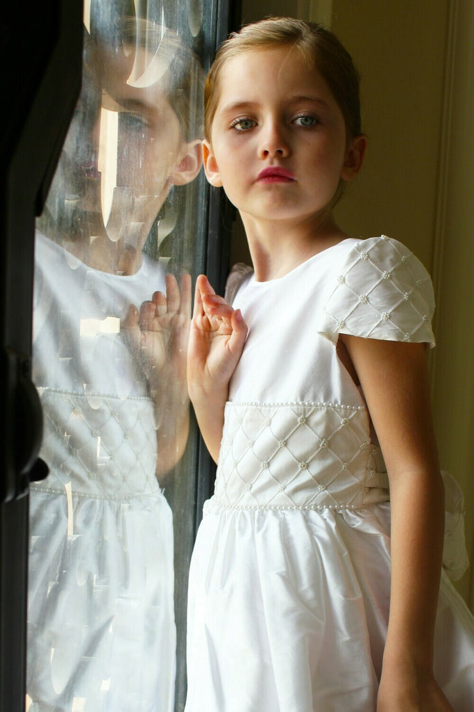 Susanne Lively Silk Dress with Beaded Pintuck, White, 3T - Charles Mayer