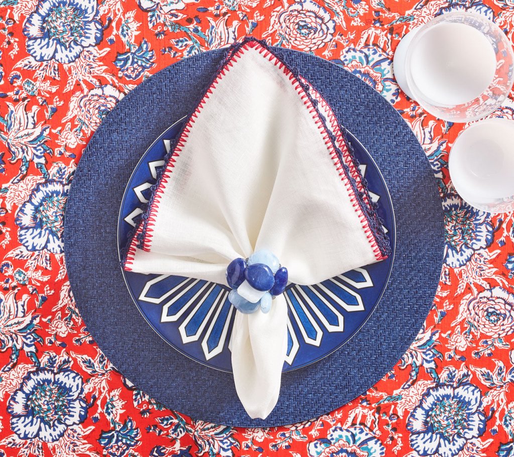 Kim Seybert Knotted Edge White with Red & Blue Napkin - Charles Mayer