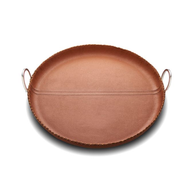 Mary Jurek Durango 15" Brown Leather Round Tray With Ring Handles - Charles Mayer