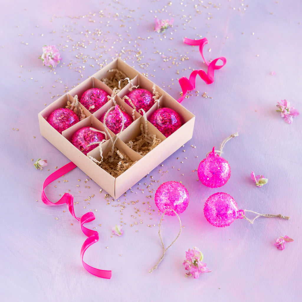 Glitterville Pink Stubble Ornaments, Box of 9 - Charles Mayer
