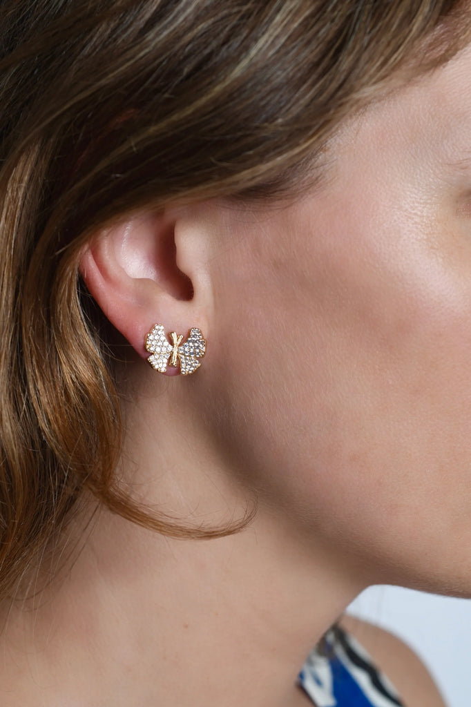 Anabel Aram White Pave Gold Butterfly Stud Earrings - Charles Mayer