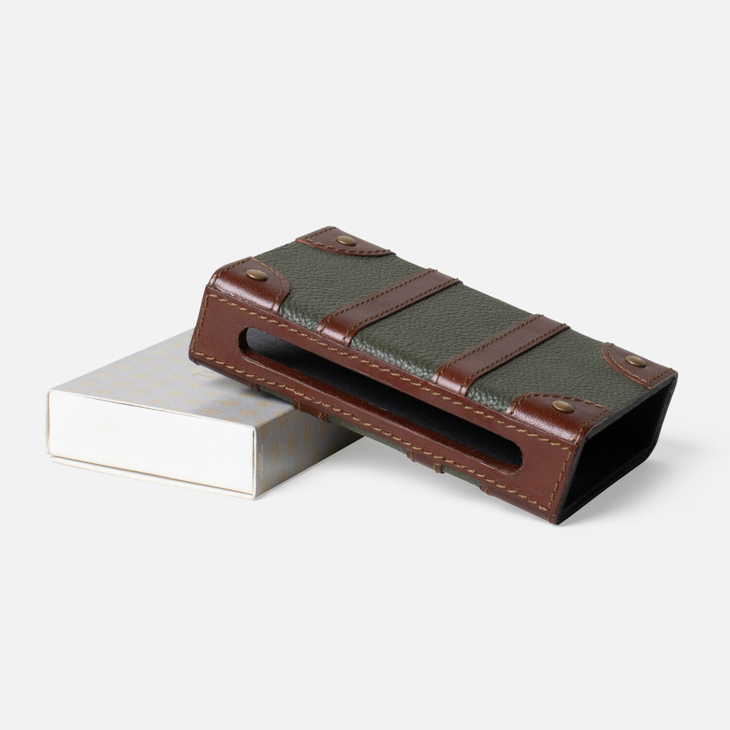 Thucassi Match Box Sleeve, Forest Green with Tobacco Leather - Charles Mayer