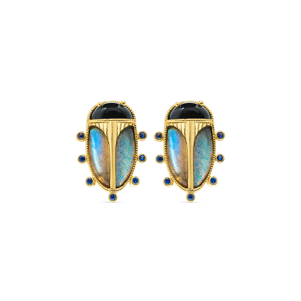 CAPUCINE DE WULF Scarab Clip Earrings in Blue Labradorite - Charles Mayer