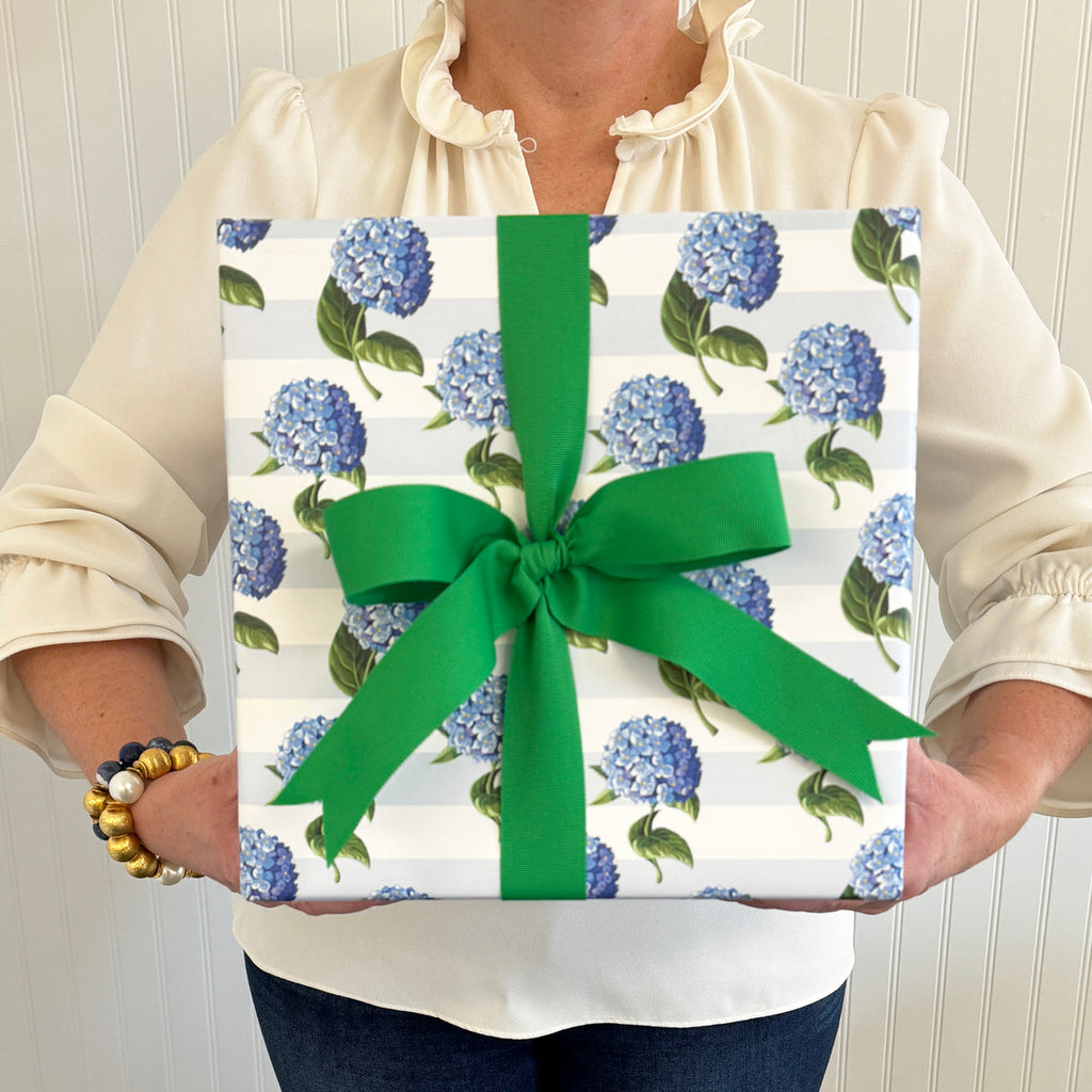WH Hostess Blue Hydrangeas Stripe Gift Wrap - Charles Mayer