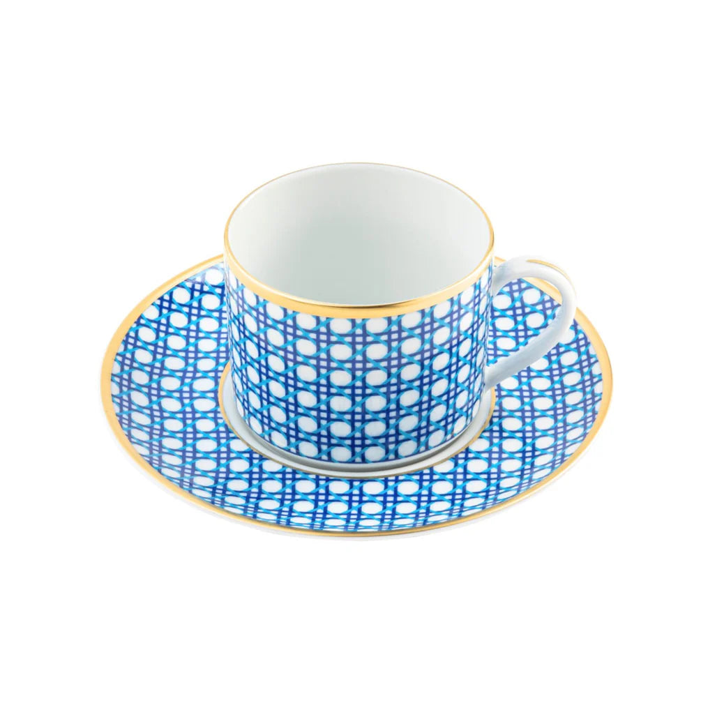 Pickard Ultra White Blue Cane Cup & Saucer - Charles Mayer