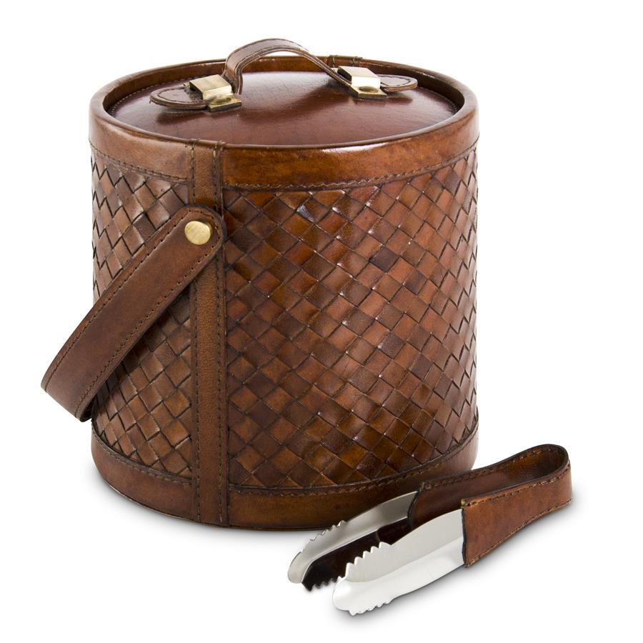 Leather Basket Weave Ice Bucket With Tongs - Charles Mayer