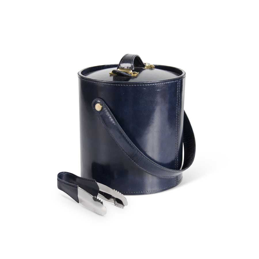 Royal Blue Leather Ice Bucket With Matching Tongs - Charles Mayer