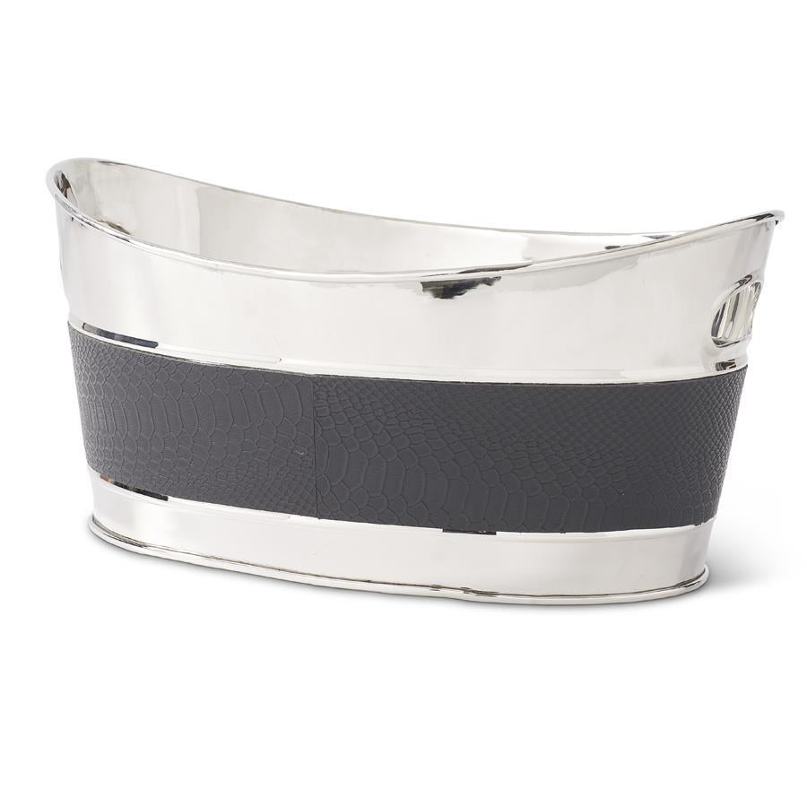 Silver With Black Leather 15" Oval Ice Bucket - Charles Mayer