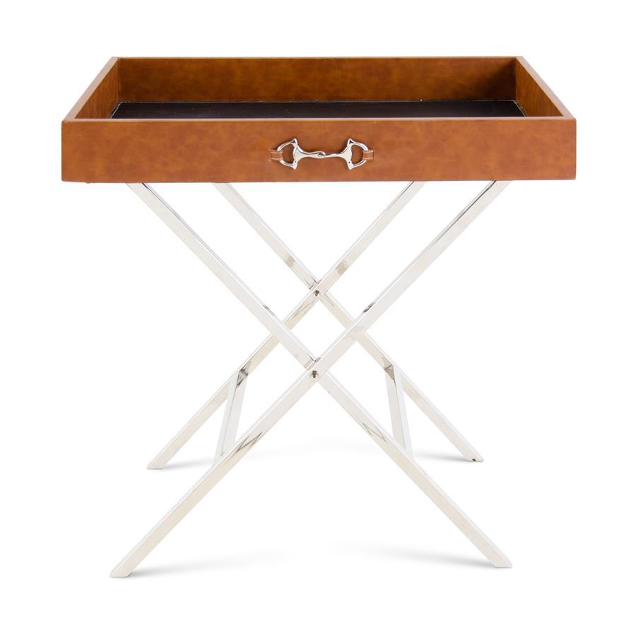 32" Tan Leather Side Table W/Removable Tray - Charles Mayer