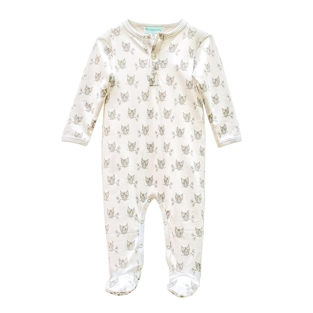 Feather Baby Owls Grey On White Henley Footie - Charles Mayer