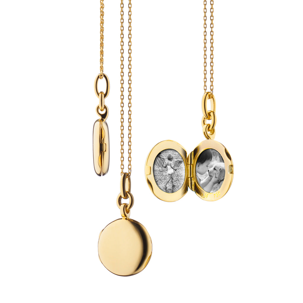Monica Rich Kosann 18K Yellow Gold Slim Round "Nan" Locket On 17" Delicate Cable Chain - Charles Mayer