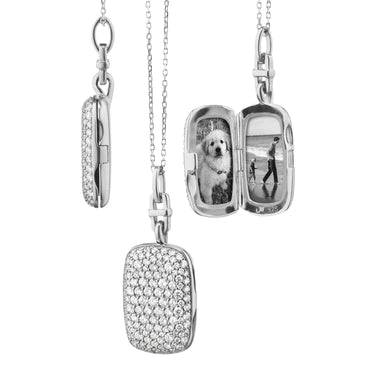 Monica Rich Kosann Sterling Silver Slim "Fran" White Sapphire Pave Locket on 18" Mini diamond Cut Chain - Charles Mayer