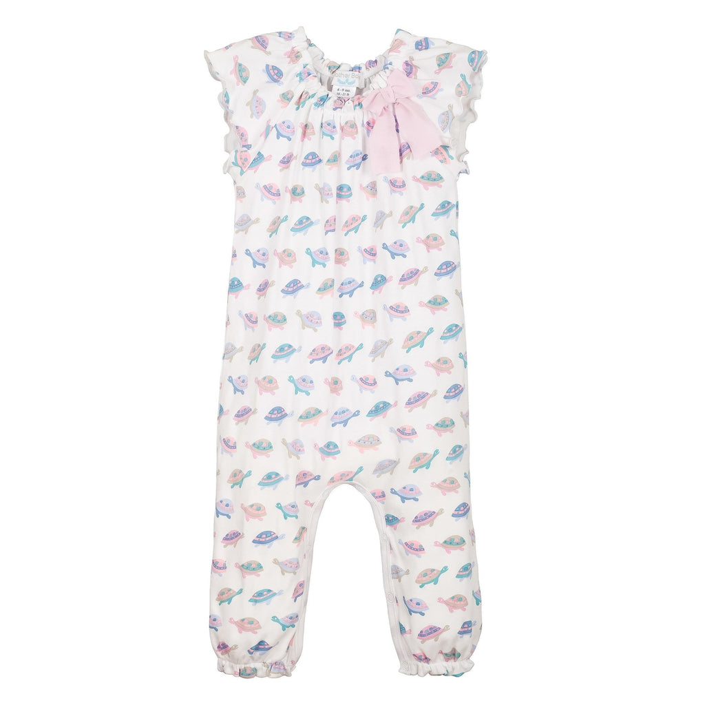 Feather Baby Turtles Pink On White Bow Romper - Charles Mayer