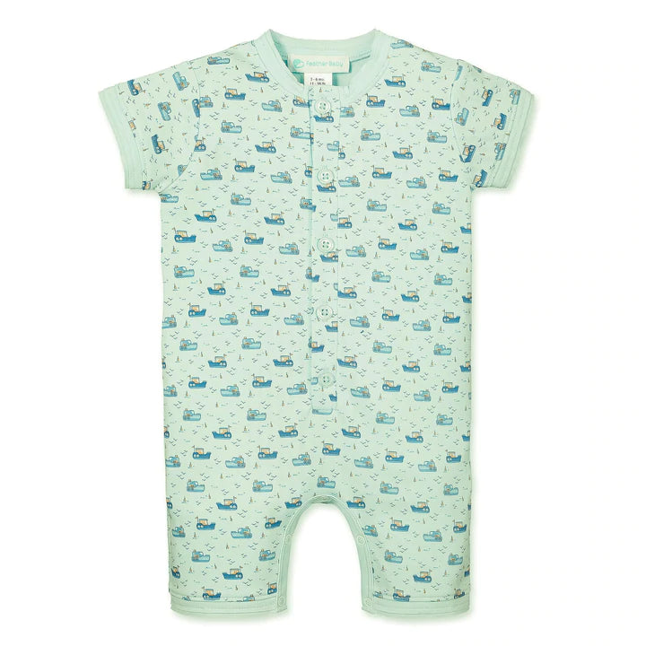 Feather Baby Henley Romper, Tugboats On Aqua - Charles Mayer