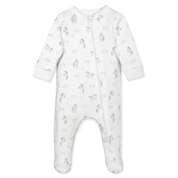 Feather Baby Horses On White Zipper Footie - Charles Mayer