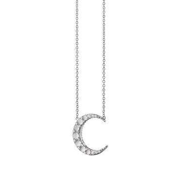 Monica Rich Kosann Sterling Silver Mini Crescent Moon With Moonstone Cabochons And White Sapphires On 17" Cable Chain - Charles Mayer