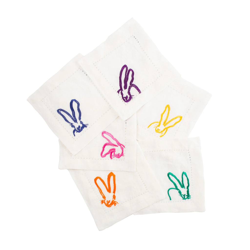 Hunt Slonem Hop Up Shop Embroidered Rainbow Bunny Cocktail Napkins, Set of 6 - Charles Mayer