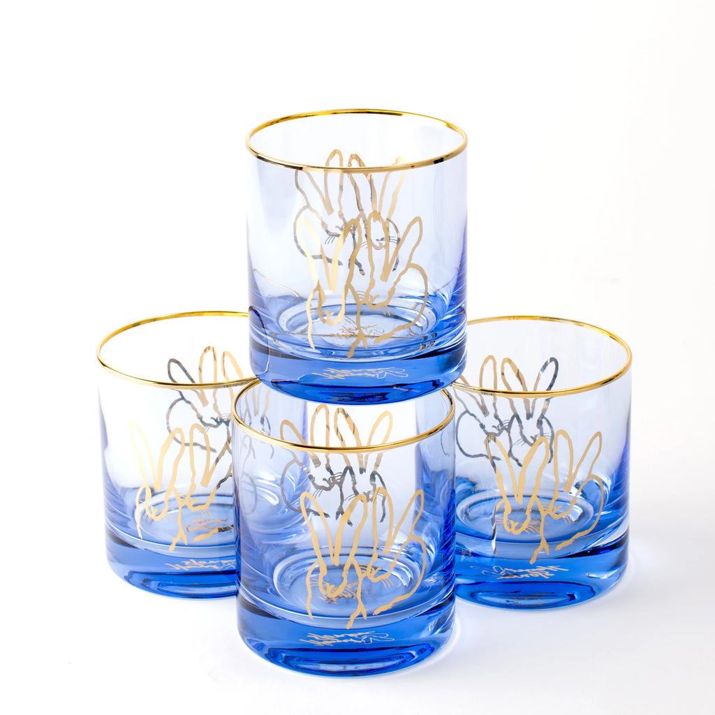 HUNT SLONEM HOP UP SHOP DOUBLE BUNNY BLUE OLD FASHIONED, SET OF 4 - Charles Mayer