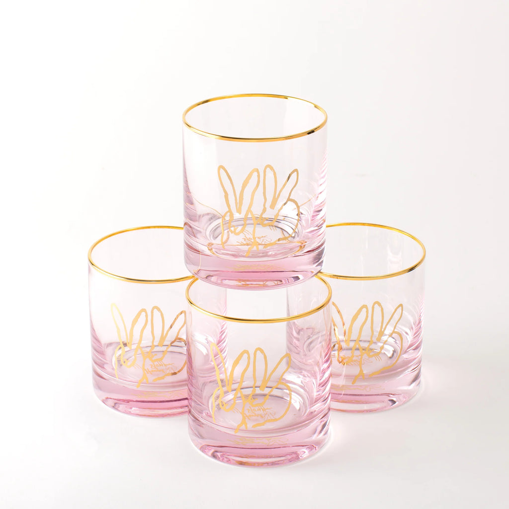 Hunt Slonem Hop Up Shop Double Bunny Pink Old Fashioned, Set of 4 - Charles Mayer