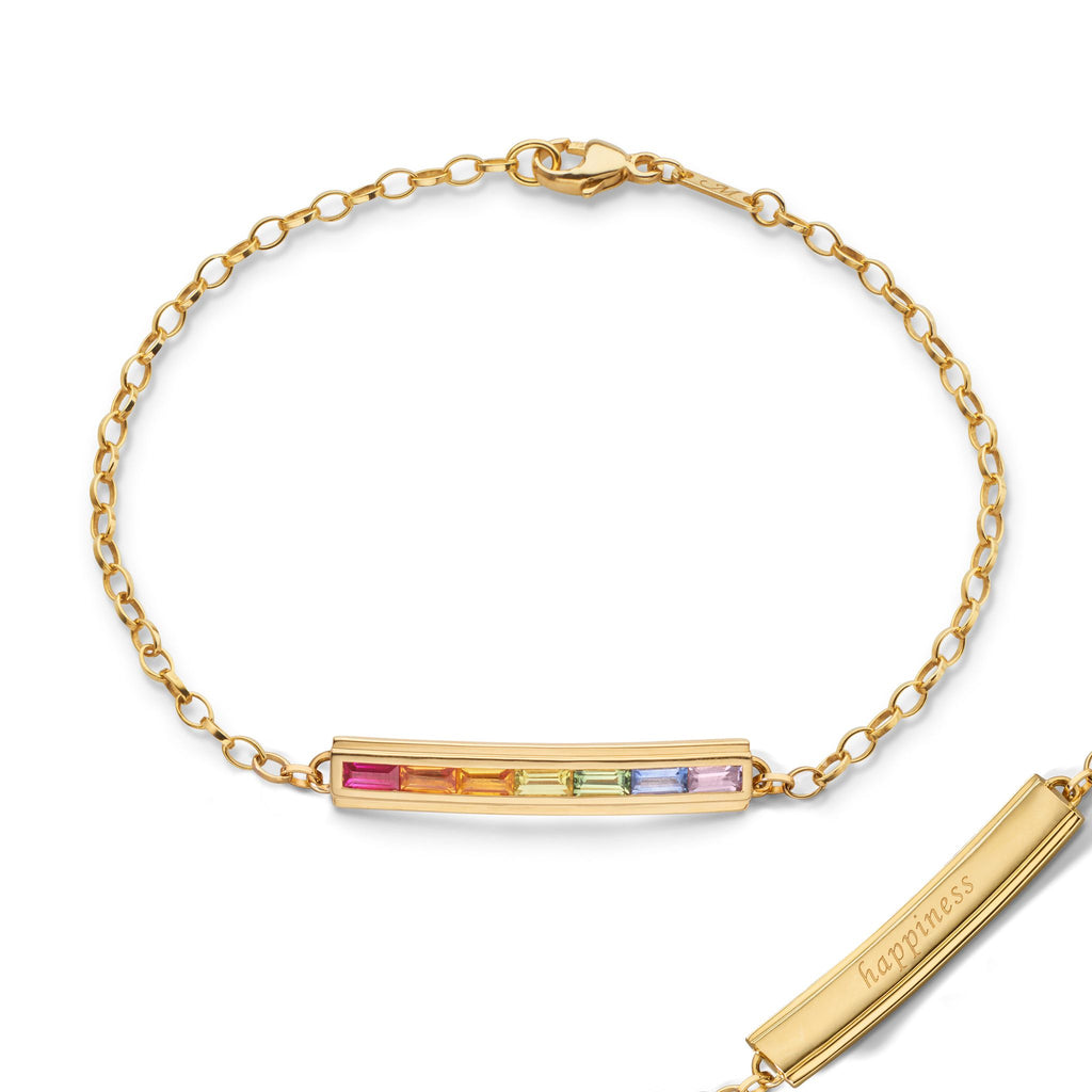 Monica Rich Kosann 18K Yellow Gold Posy Bracelet with Rainbow Baguette Sapphires, Engraved with "happiness" - Charles Mayer