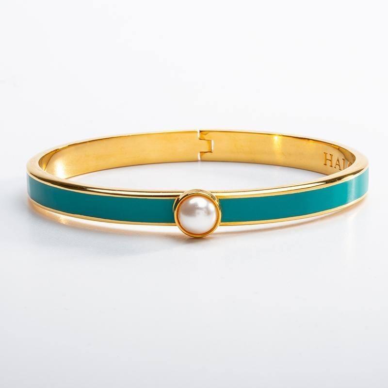 Halcyon Days Skinny Cabochon Turquoise & Gold Hinged Bangle - Charles Mayer