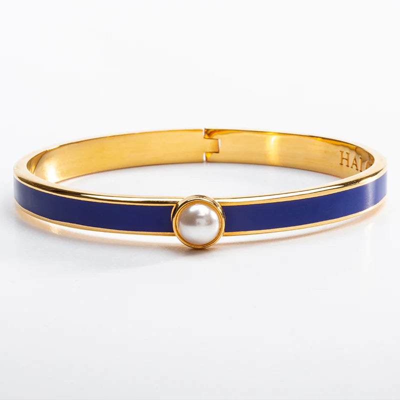 Halcyon Days Skinny Cabochon Cobalt & Gold Pearl Hinged Bangle - Charles Mayer