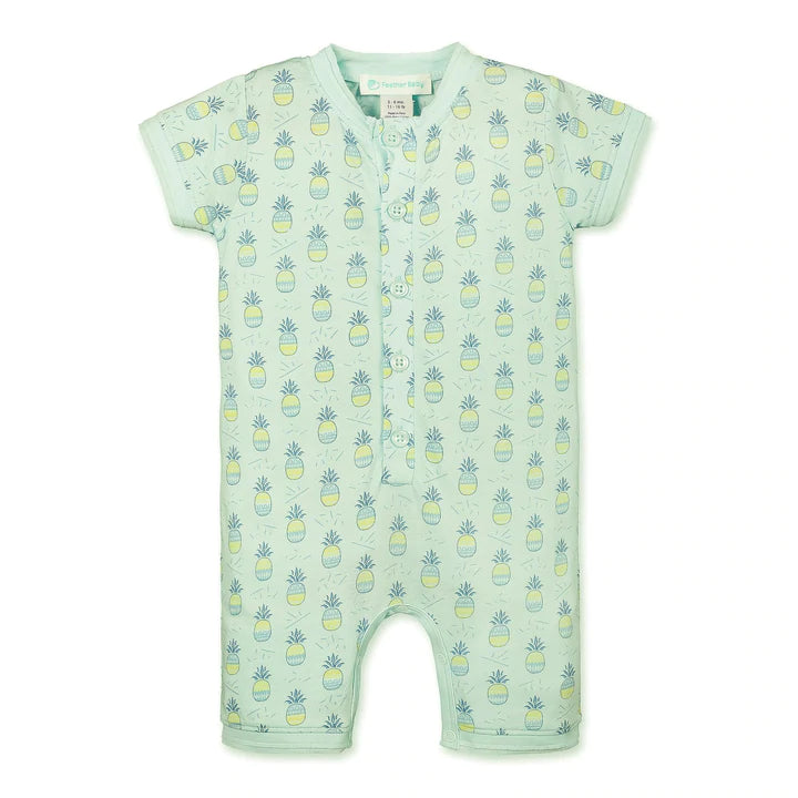Feather Baby Henley Romper, Pineapples On Aqua - Charles Mayer