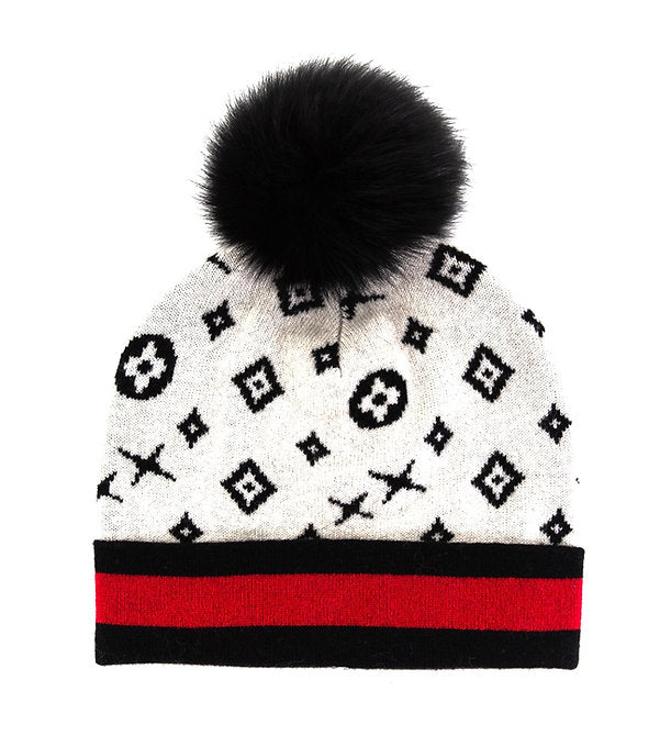 Mitchie's Matchings Knit Hat With Monogram Pattern & Fox Pom Pom, Assorted - Charles Mayer