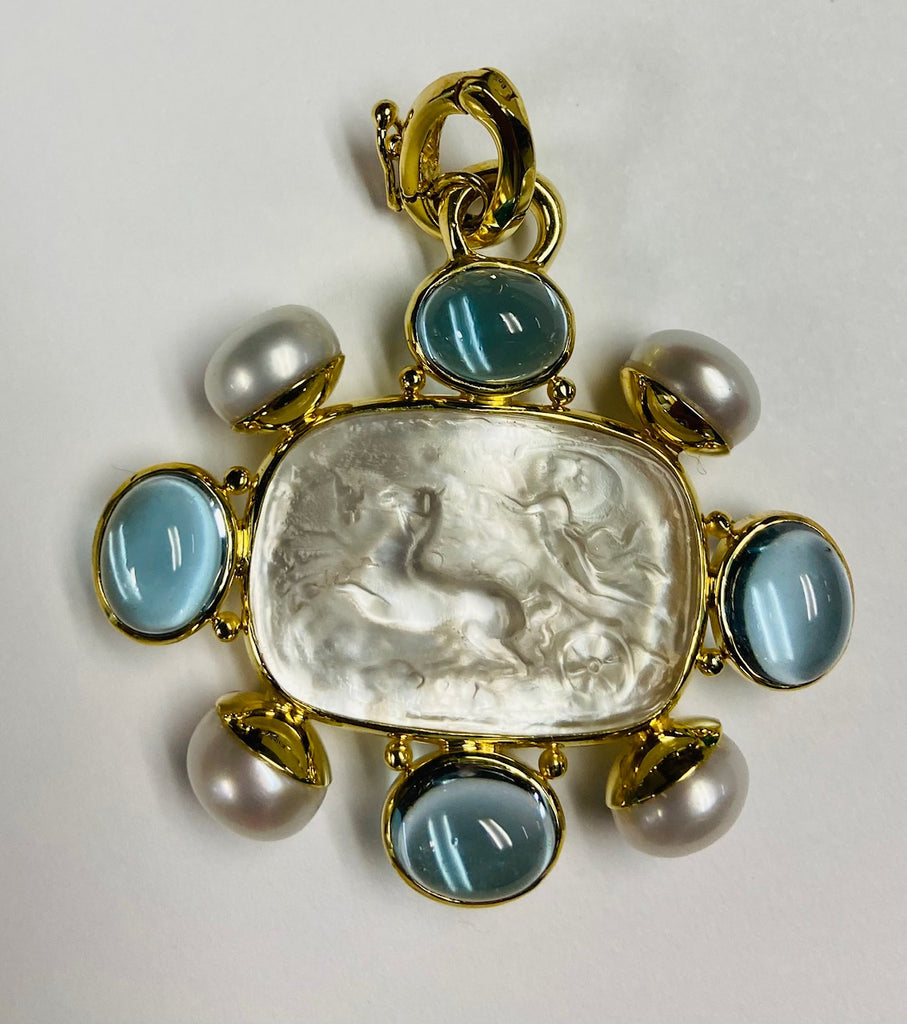 Mazza Venetian Glass Murano Mother Of Pearl & Blue Topaz, Freshwater Pearl 14 Kt. Gold Pendant - Charles Mayer