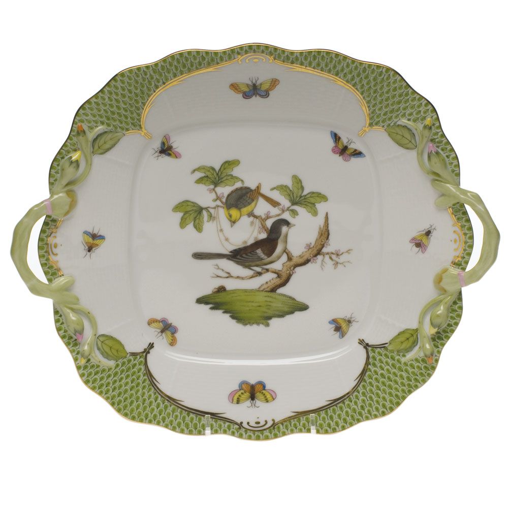 Herend Rothschild Bird Green Border Square Cake Plate With Handles - Charles Mayer