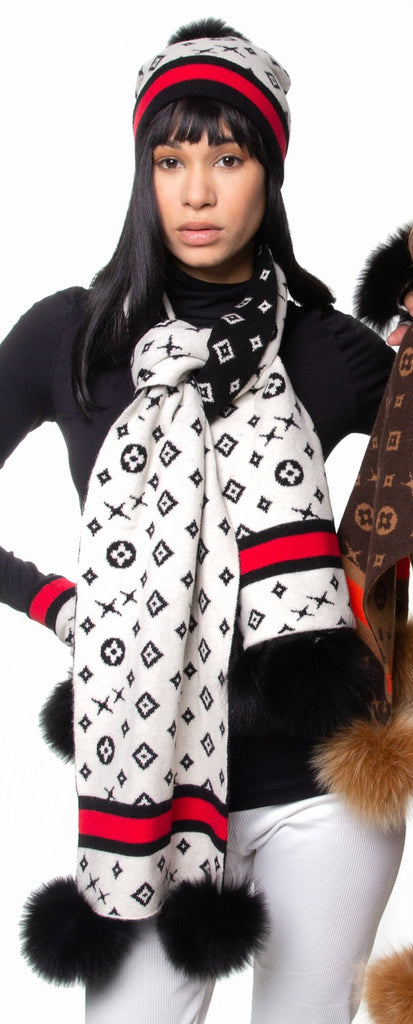 Mitchie's Matchings Knit Scarf With Monogram Pattern & Contrasting Border, Pom Pom - Charles Mayer