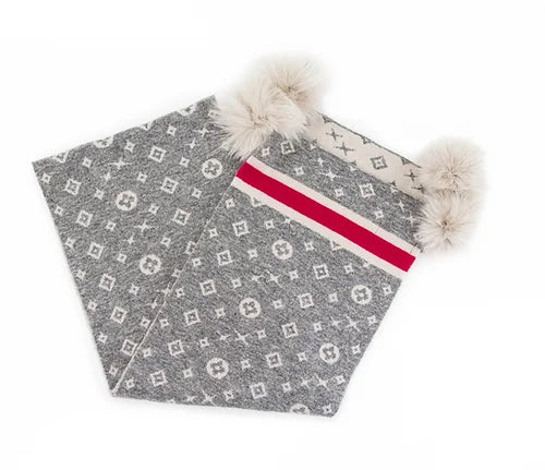 Mitchie's Matchings Knit Scarf With Monogram Pattern & Contrasting Border, Pom Pom - Charles Mayer