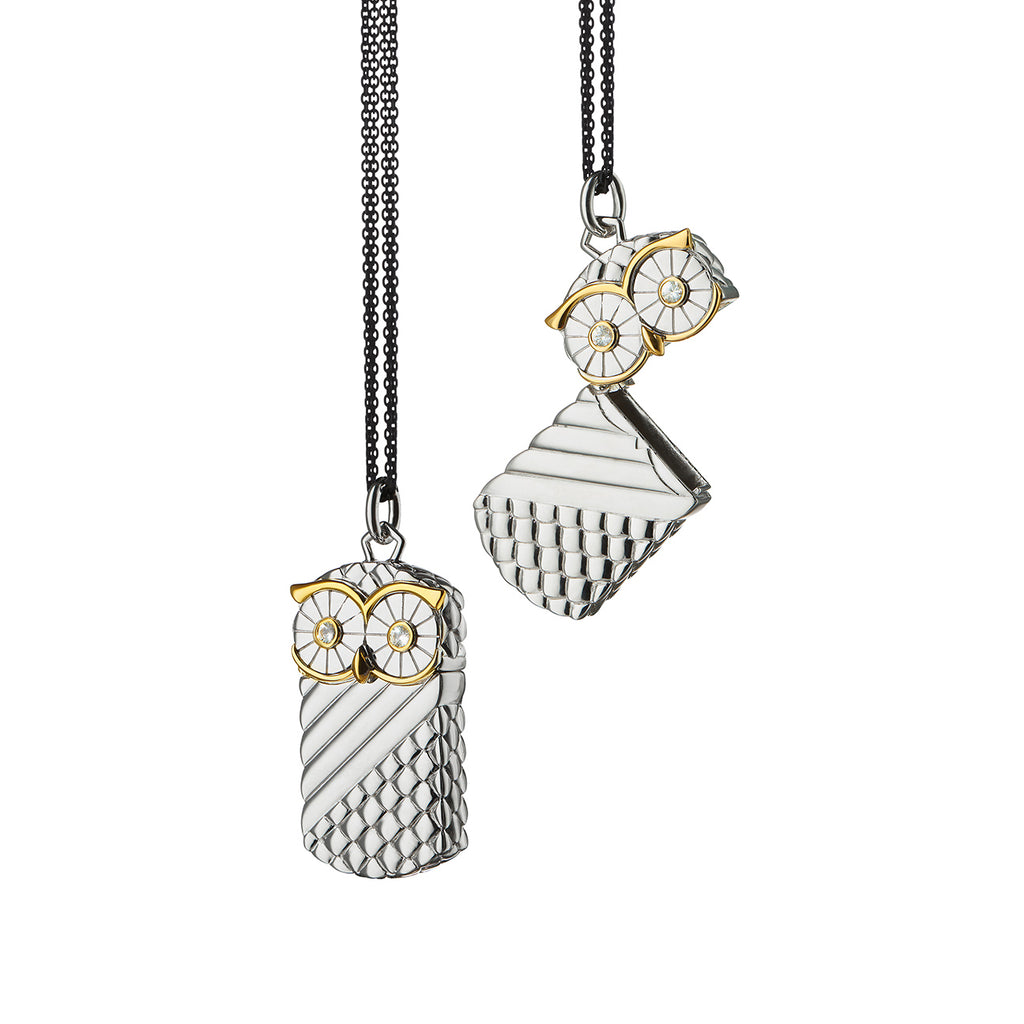 Monica Rich Kosann Sterling Silver Owl Vesta Case W/18K Yellow Gold Accents And White Sapphire Eyes On 32" Double Black Steel Chain - Charles Mayer