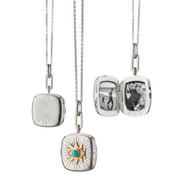 Monica Rich Kosann Sterling Silver Cushion Locket With Center Accent Eye In 18K Yellow Gold With Turquoise & White Sapphires On An 18" Mini Diamond Cut Chain With Loops At 17" & 16" - Charles Mayer