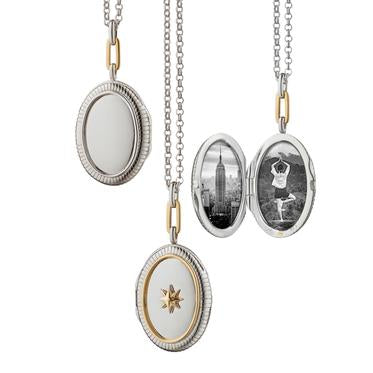 Monica Rich Kosann Sterling Silver Oval Locket With Raised 18K Yellow Gold Oval & Star On Front, 32" Mini Belcher Chain - Charles Mayer