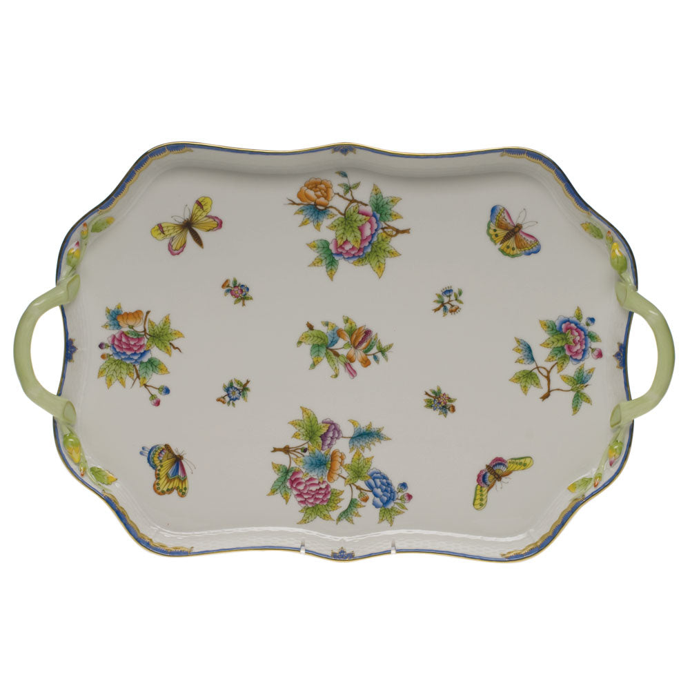 Herend Queen Victoria Blue Border Rectangular Tray With Branch Handles - Charles Mayer