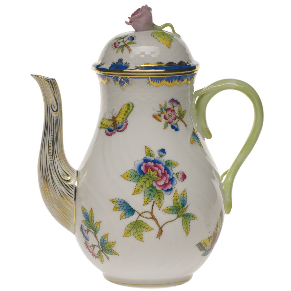 Herend Queen Victoria Blue Border Coffee Pot With Rose - Charles Mayer