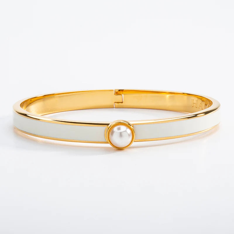 Halcyon Days Skinny Cabochon Cream & Gold Pearl Hinged Bangle - Charles Mayer